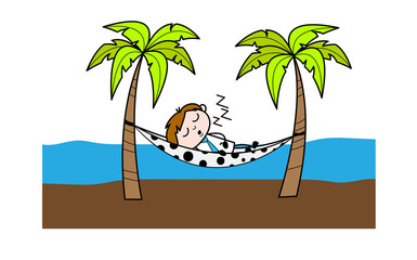 Sleeping on Hammock at Beach - Office Salesman Employee Cartoon Vector Illustration