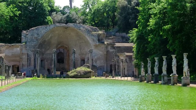 italian archaeological site Villa Adriana or Hadrians Villa in the Serapeo Canapeo or Canopus area pool and temple in Tivoli - Lazio - Italy