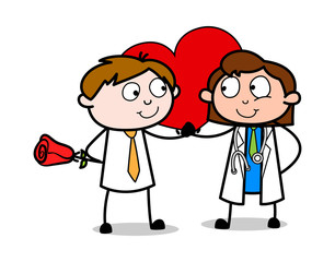 Boy Presenting a Rose to a Girl on Valentine's Day - Office Salesman Employee Cartoon Vector Illustration