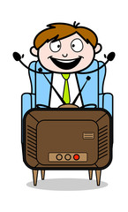 Watching TV and Enjoying - Office Salesman Employee Cartoon Vector Illustration