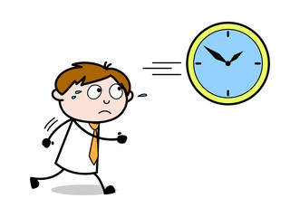Running to Behind Time to Catch It - Office Salesman Employee Cartoon Vector Illustration