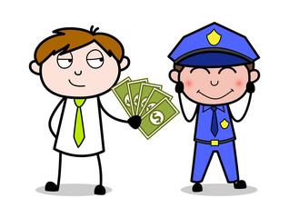 A Criminal Offering Bribe to a Police Officer - Office Salesman Employee Cartoon Vector Illustration