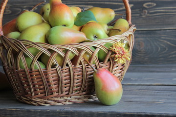 Green pears with red sidewise lie in the wicker basket and a wooden table.