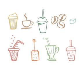 Set of drinks and beverages. Hand drawn doodle set. Coffee, tea, soda, lemonade. Color outline vector illustration isolated on white