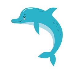 Vector cute illustration of a funny blue dolphin jumping fun on a white background