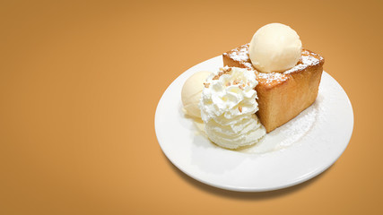 Delicious Honey toast with plate on background. Desserts and ice cream.