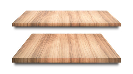 Wooden shelves isolated on white background. Blank wood shelf or product display. ( Clipping path )