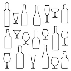 set of glass bottles and wine glasses with alcohol, vector illustration.