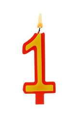 Burning birthday candle isolated on white background, number 1