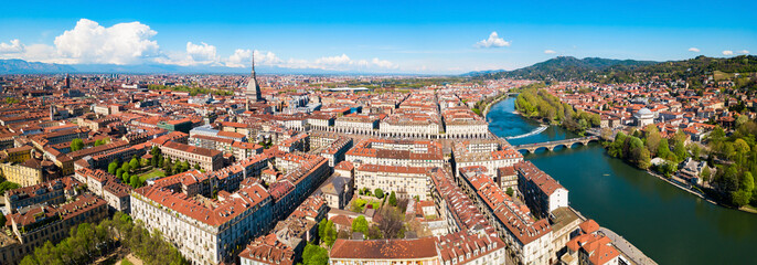Turin aerial panoramic view, Italy - obrazy, fototapety, plakaty
