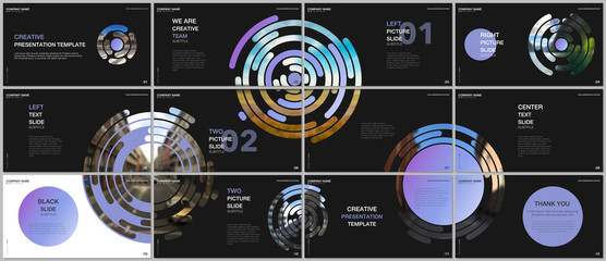 Minimal presentations design, portfolio vector templates with colorful circle blue elements on black background. Multipurpose template for presentation slide, flyer leaflet, brochure cover, report.