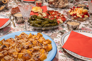 Celebrating Christmas. Colorful decoration table with food ready to eat