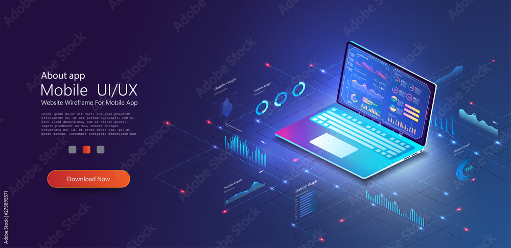 Aufkleber application of laptop with business statistics and data analytics. digital money market, investment,
