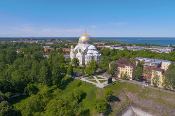 Fototapeta na wymiar View of the St. Nicholas Naval Cathedral on a sunny June day (filming from a quadcopter). Kronstadt, Russia