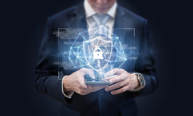 Business online data security and internet network security and system technology. Businessman...