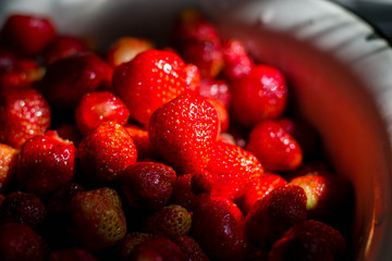 Fresh strawberry berries in the rays of the sun. The energy of fresh berries. Useful food. Cheesy, vegan and vegetarianism.