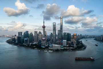 aerial view of Lujiazui, Shanghai city, landmarks of Shanghai with Huangpu river in the afternoon