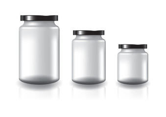 3 sizes of blank clear round jar with black flat lid for supplements or food product. Isolated on white background with reflection shadow. Ready to use for package design. Vector illustration.