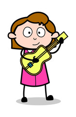 Playing with Guitar - Retro Office Girl Employee Cartoon Vector Illustration