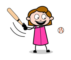 Playing Baseball Sport - Retro Office Girl Employee Cartoon Vector Illustration