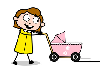 Walking with Baby Stroller - Retro Office Girl Employee Cartoon Vector Illustration