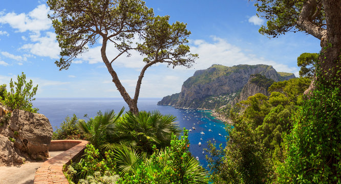 Panoramic view of Marina Piccola and Tyrrhenian sea in Capri island, Italy. Typical panoramic pedestrian path of Capri.