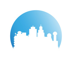 building, city skyline in blue circle 