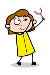 Playing with Slingshot - Retro Office Girl Employee Cartoon Vector Illustration