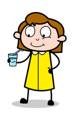 Holding a Glass of Energy Drink - Retro Office Girl Employee Cartoon Vector Illustration