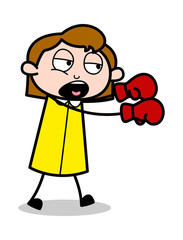 Punching - Retro Office Girl Employee Cartoon Vector Illustration