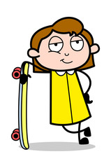 Standing in Attitude with Skateboard - Retro Office Girl Employee Cartoon Vector Illustration