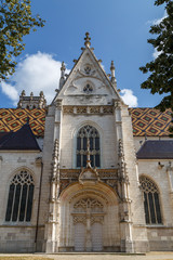 View to Gothic facade of Royal Monastery of Brou, Bourg-en-Bresse, France