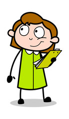 Announcing Instruction - Retro Office Girl Employee Cartoon Vector Illustration