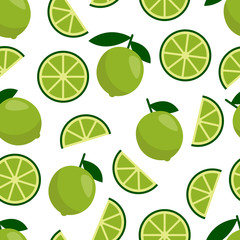 Green lime seamless pattern, fresh citrus fruit for summer cocktail
