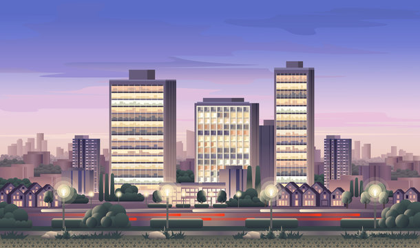 Vector illustration with skyscrapers in the city. City skyline at sunset.