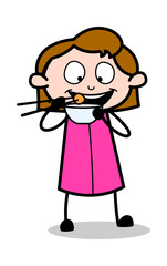 Eating with Chopsticks - Retro Office Girl Employee Cartoon Vector Illustration