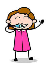 Brushing Teeth - Retro Office Girl Employee Cartoon Vector Illustration