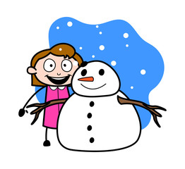 Taking Picture with Snowman - Retro Office Girl Employee Cartoon Vector Illustration