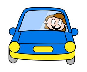 Person Inside the Car - Retro Office Girl Employee Cartoon Vector Illustration