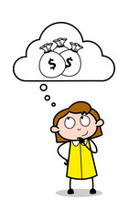 Thinking About Money - Retro Office Girl Employee Cartoon Vector Illustration