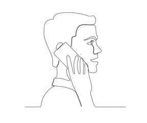 Drawing a continuous one line man talking on the phone. Vector illustration isolated on white background.