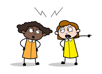 Shouting and Fighting - Retro Office Girl Employee Cartoon Vector Illustration