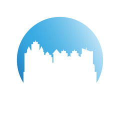 building, city skyline in blue circle 