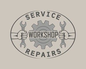 The illustration advertises a workshop. Hand with key and gear with text.