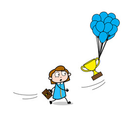 Running to Catch the Flying Trophy - Retro Office Girl Employee Cartoon Vector Illustration