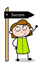 Successful - Retro Office Girl Employee Cartoon Vector Illustration