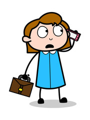 Talking with Client on Phone - Retro Office Girl Employee Cartoon Vector Illustration