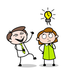 Girl Thinking an Idea and Boy Laughing - Retro Office Girl Employee Cartoon Vector Illustration