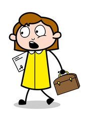 Surprised Lady Going to Office - Retro Office Girl Employee Cartoon Vector Illustration