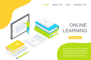 Isometric person using large tablet amidst textbooks dedicated to online education landing page concept vector illustration.